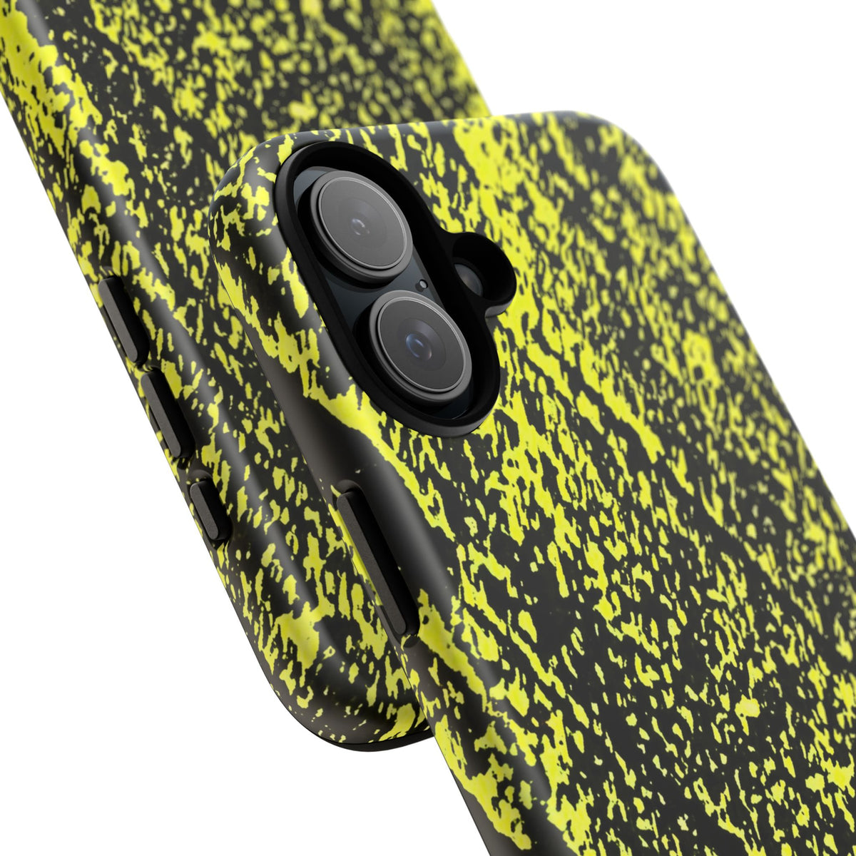 Close-up of a phone case with a black and neon yellow splatter pattern, showing the camera cutout and side buttons on a white background.