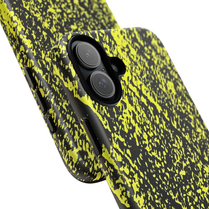 Close-up of a phone case with a black and neon yellow splatter pattern, showing the camera cutout and side buttons on a white background.