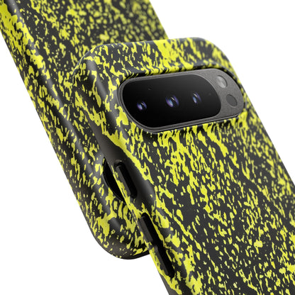 Close up of Bloom to Consume protective phone case featuring a black and toxic yellow organic decay pattern.