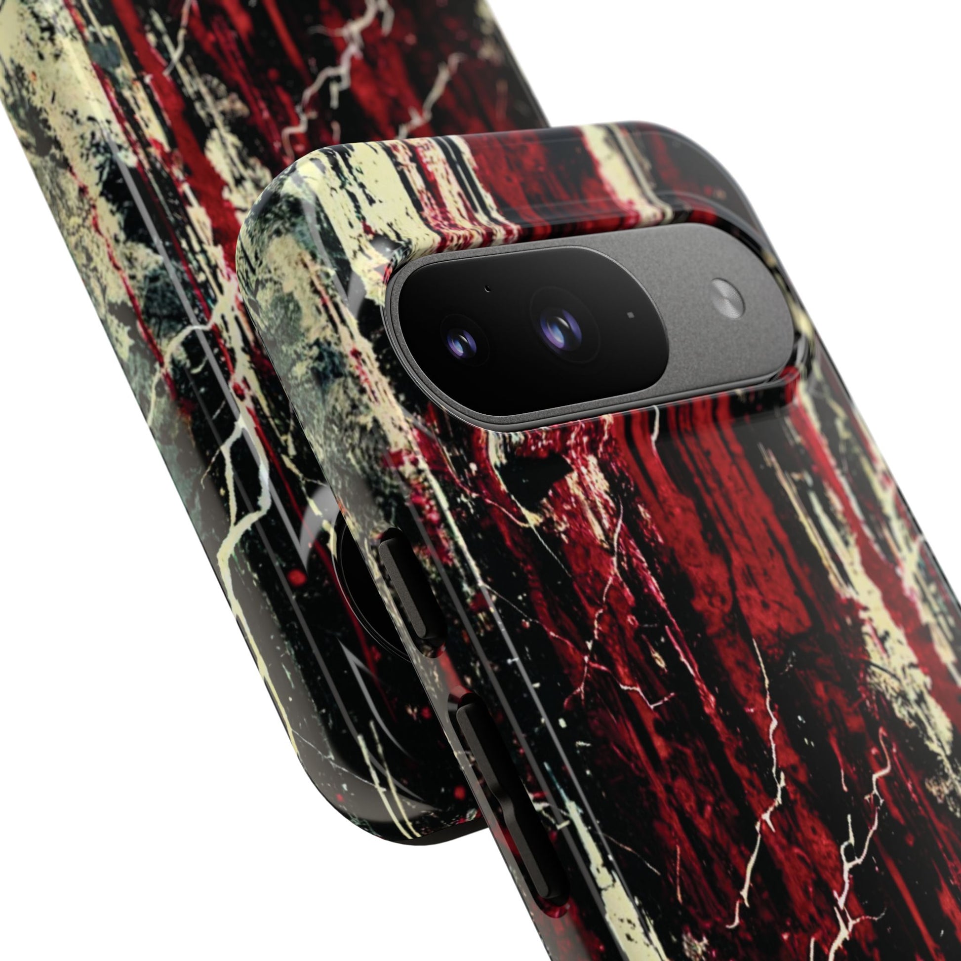 Corrosive impact-resistant phone case with distressed red, black, and bone-white design for iPhone, Samsung, and Google Pixel by NecroGrip.