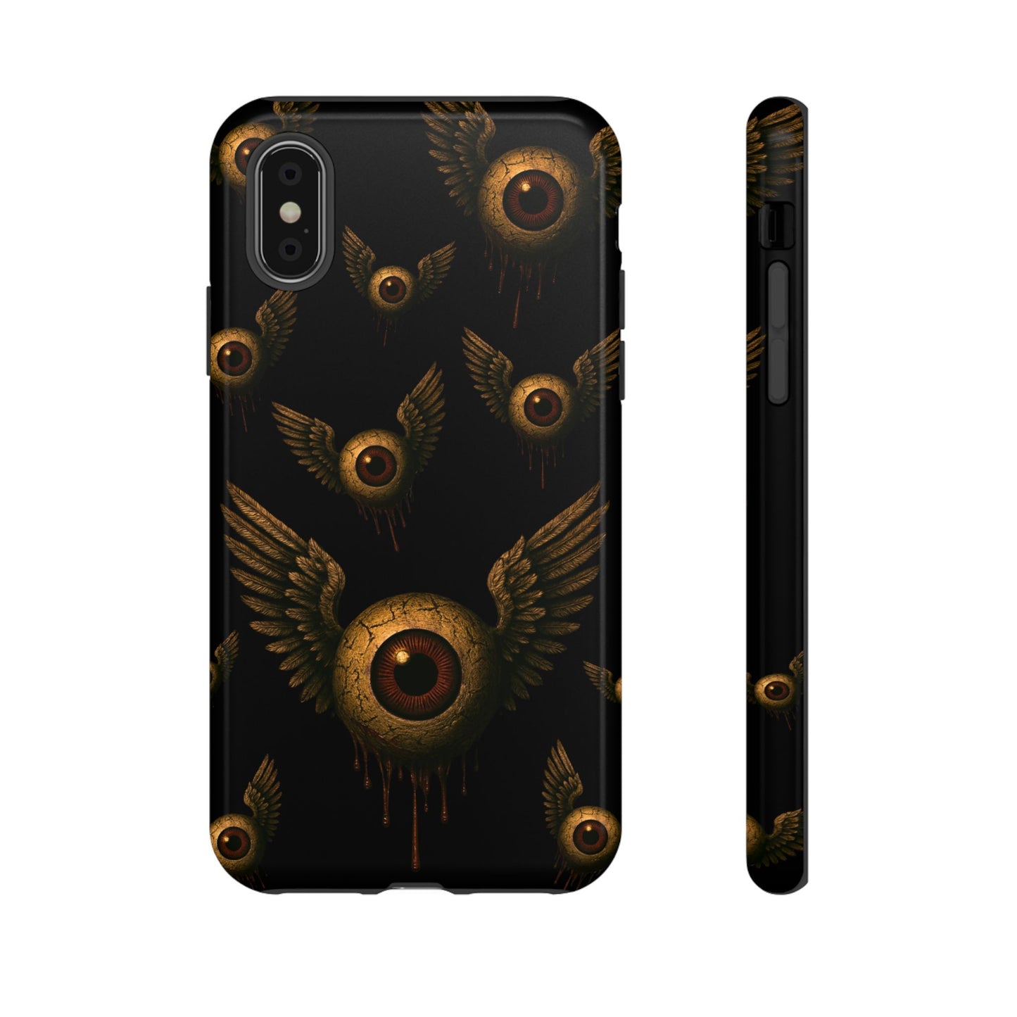 Black phone case with multiple cracked eyeballs with wings, dripping in rust, flying across a dark void.