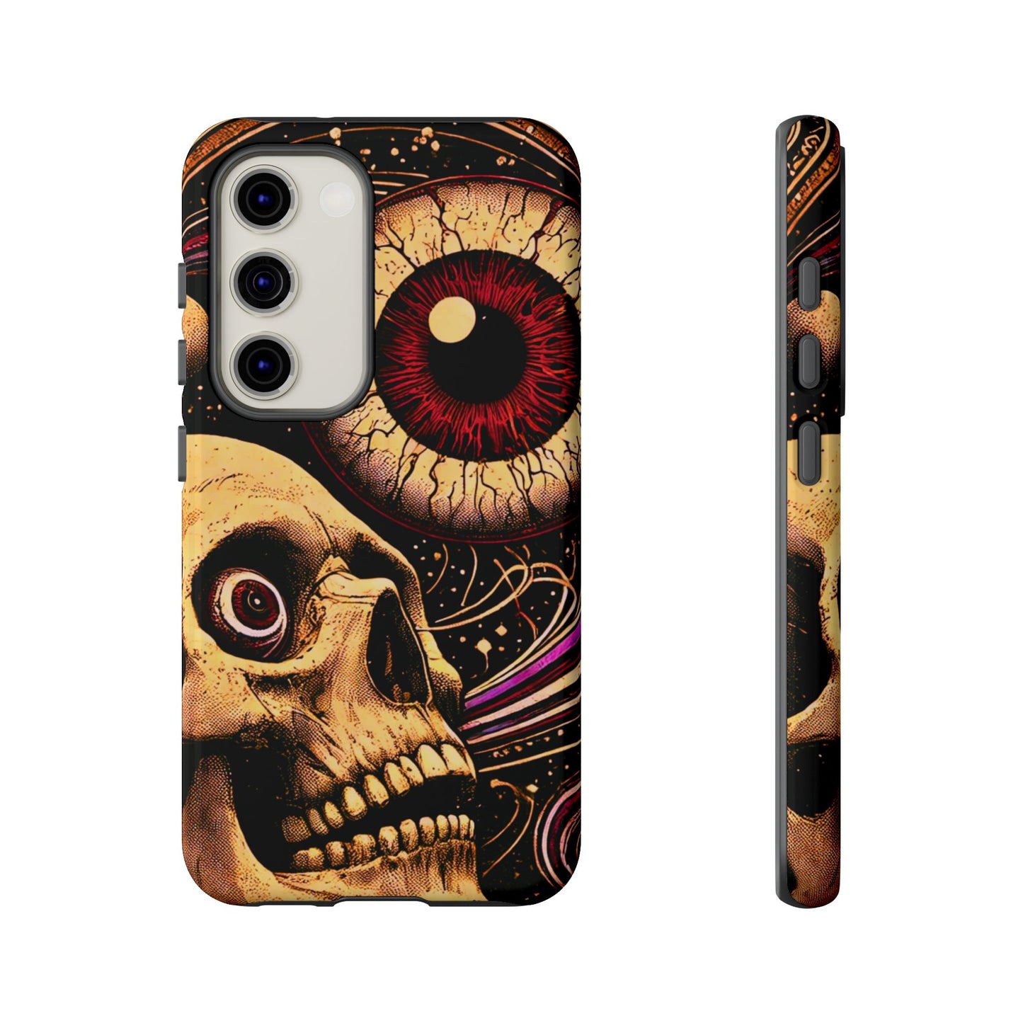 Impact-resistant tough phone case featuring a dark cosmic skull and eye design on a durable dual-layer shell by NecroGrip.