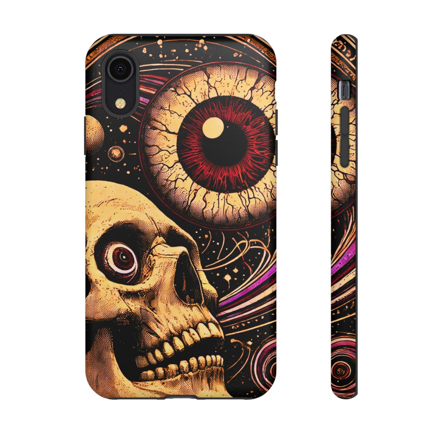 Impact-resistant tough phone case featuring a dark cosmic skull and eye design on a durable dual-layer shell by NecroGrip.