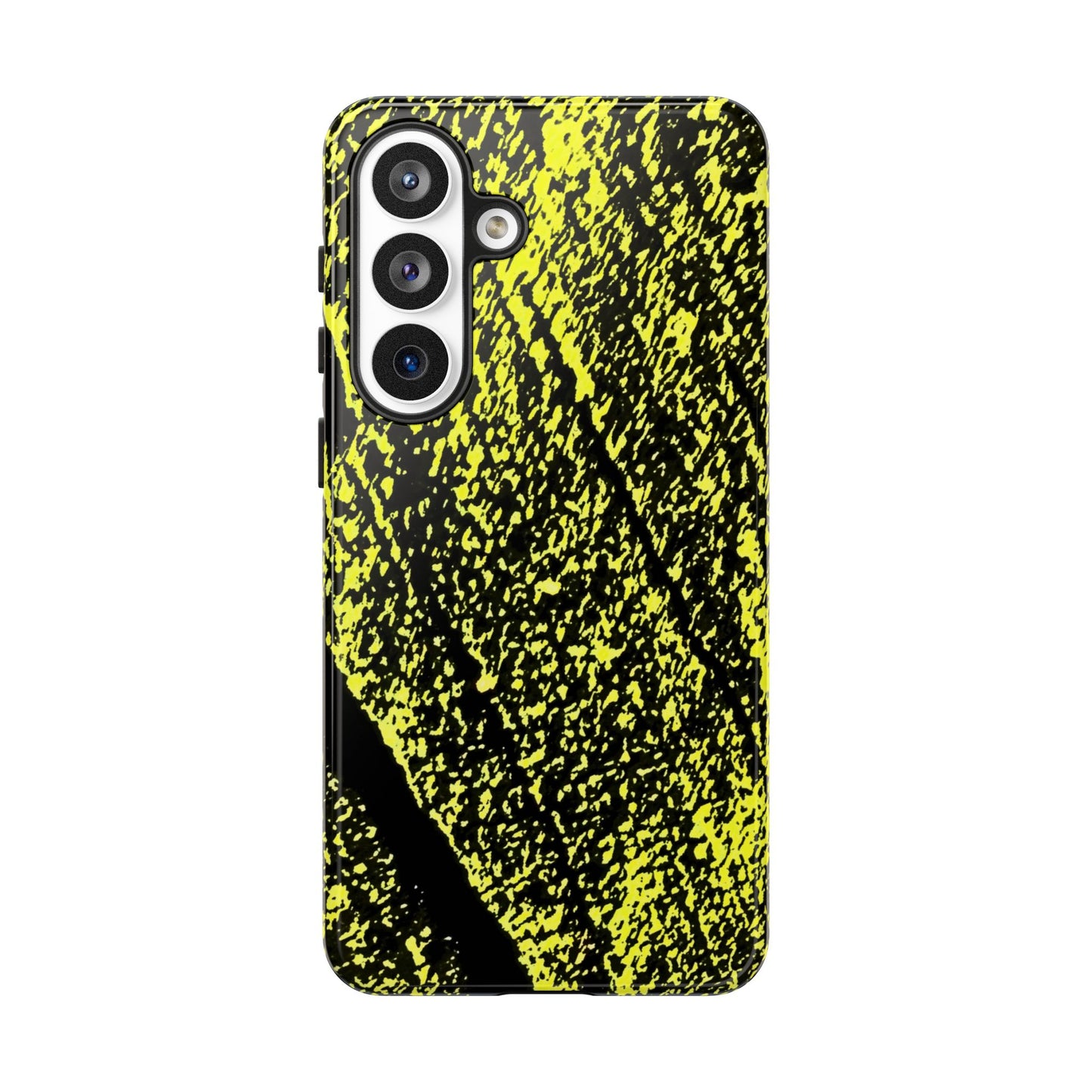 A protective phone case featuring a high-contrast black and neon yellow abstract textured pattern, shown on a plain white background.