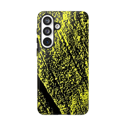 A protective phone case featuring a high-contrast black and neon yellow abstract textured pattern, shown on a plain white background.
