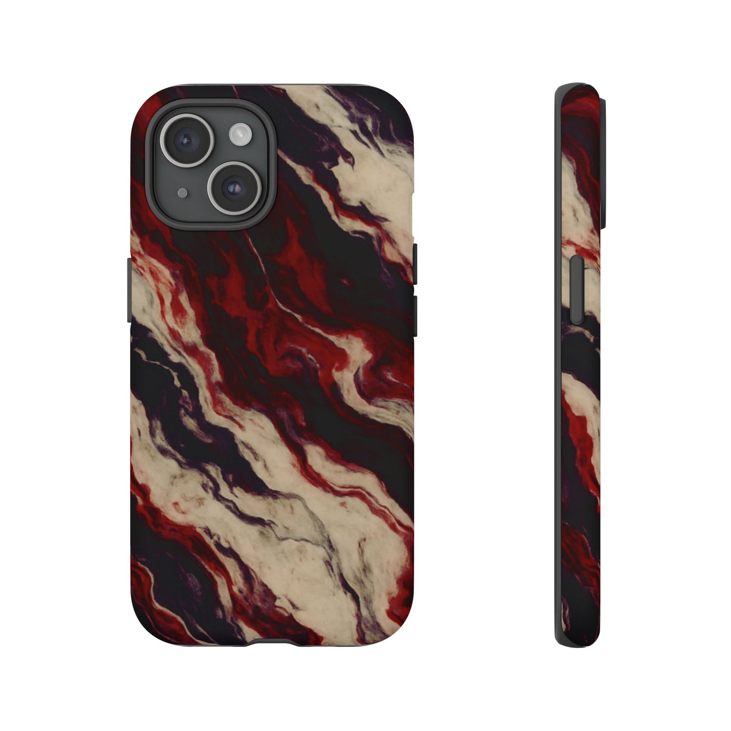 NecroGrip “Fascia” impact-resistant phone case with red, bone, and black marbled streaks, abstract muscle-like pattern on a slim dual-layer shell.