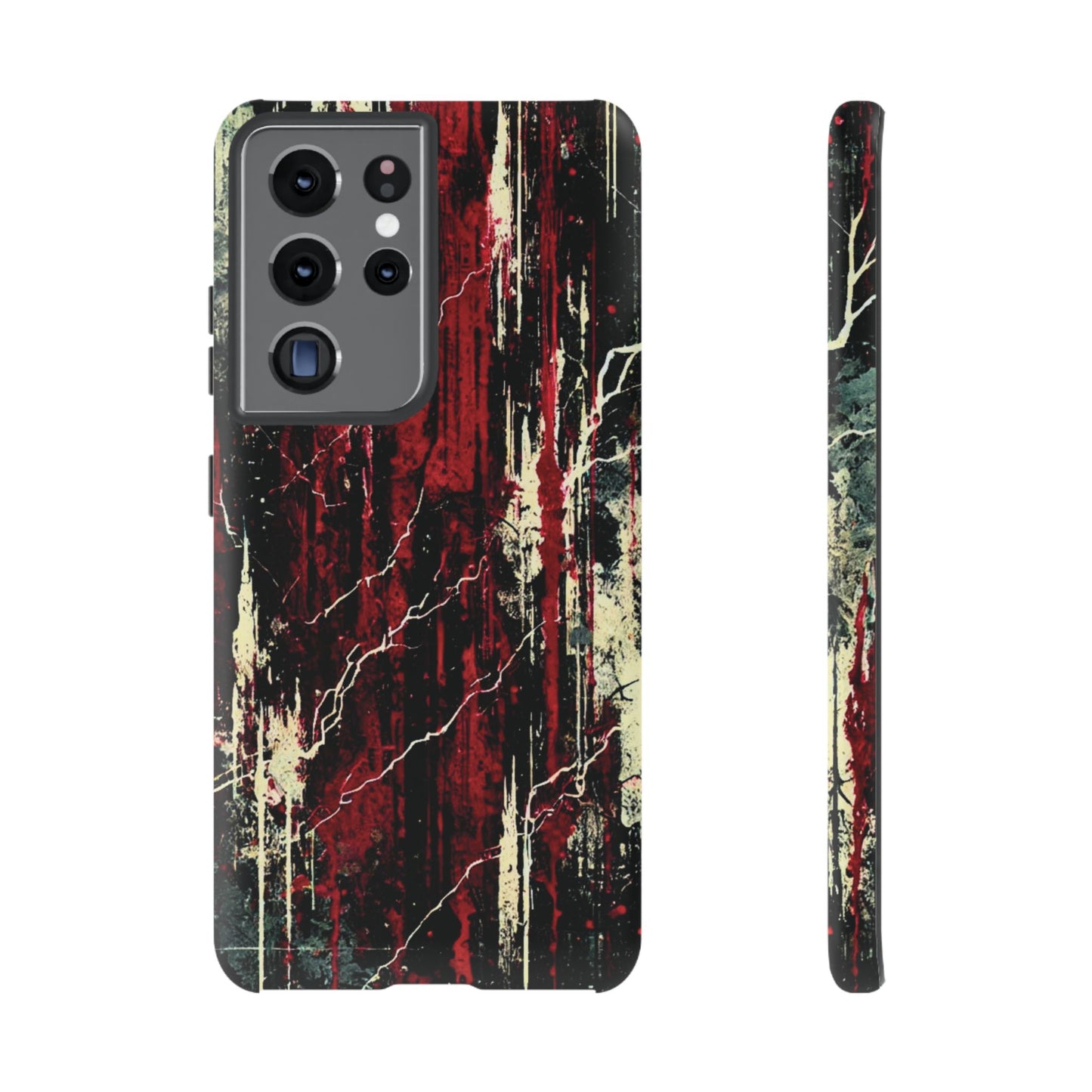 Corrosive impact-resistant phone case with distressed red, black, and bone-white design for iPhone, Samsung, and Google Pixel by NecroGrip.
