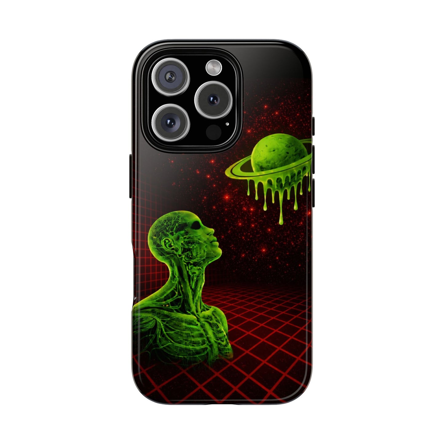 Glowing green anatomical bust gazing up at a dripping Saturn-like planet over a red grid and star-speckled space background on a black phone case.