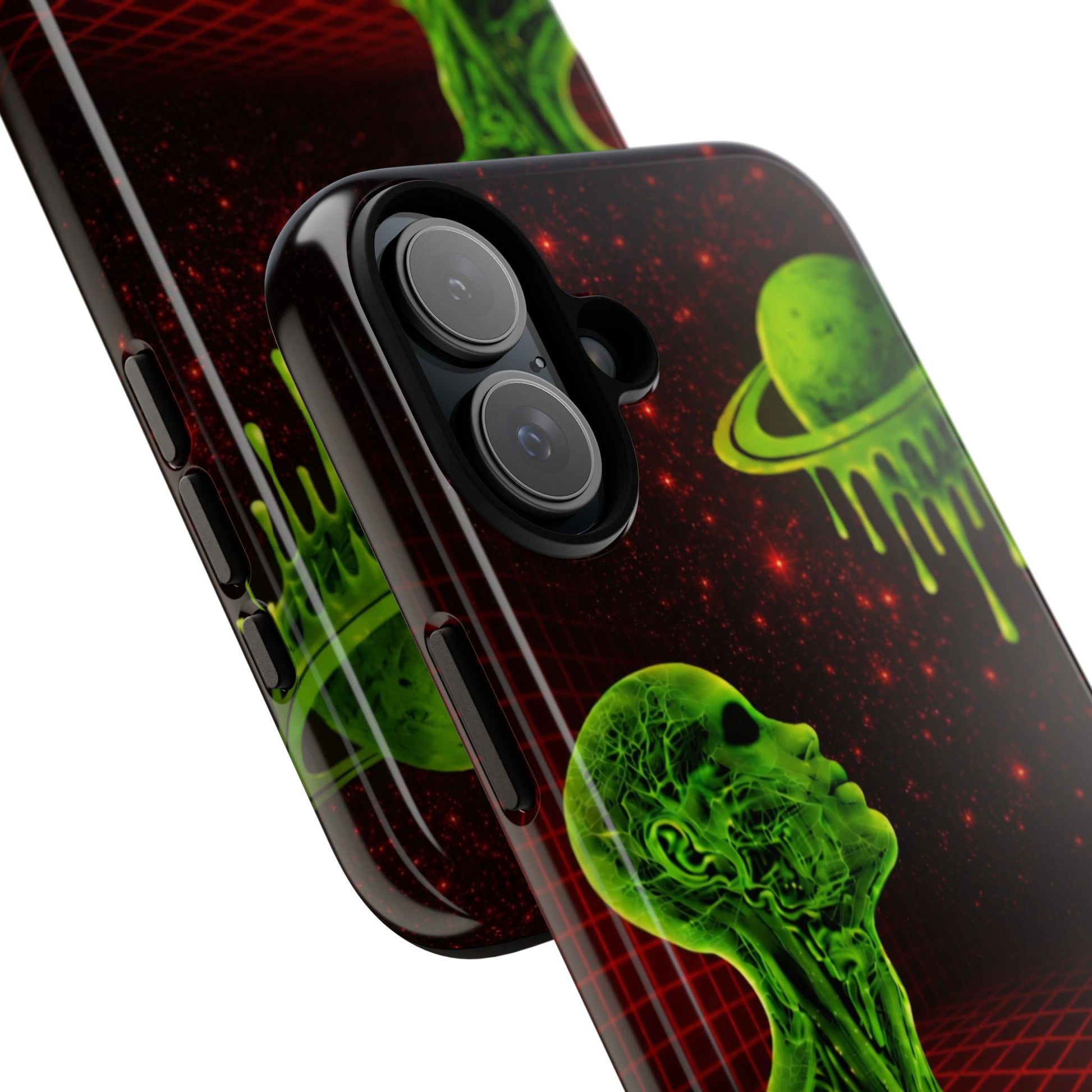 Glowing green anatomical bust gazing up at a dripping Saturn-like planet over a red grid and star-speckled space background on a black phone case.