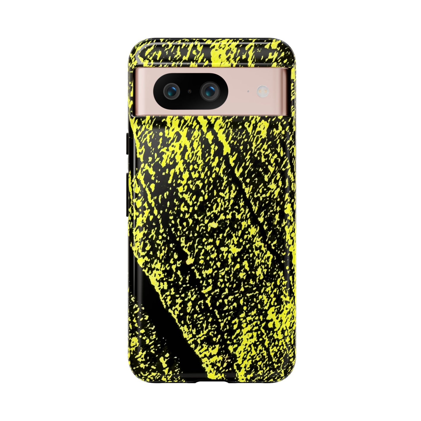 A protective phone case with a high-contrast black and neon yellow splatter pattern, shown on a smartphone with a rose gold camera bar against a plain white background.