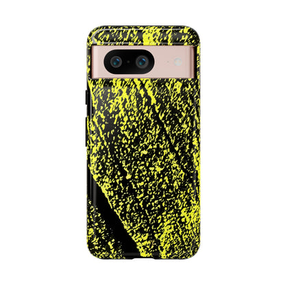 A protective phone case with a high-contrast black and neon yellow splatter pattern, shown on a smartphone with a rose gold camera bar against a plain white background.