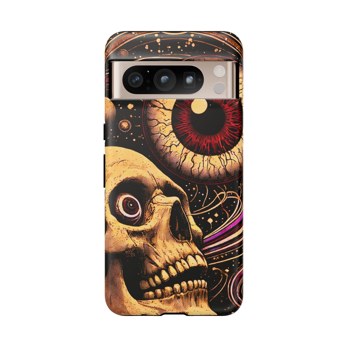Impact-resistant tough phone case featuring a dark cosmic skull and eye design on a durable dual-layer shell by NecroGrip.
