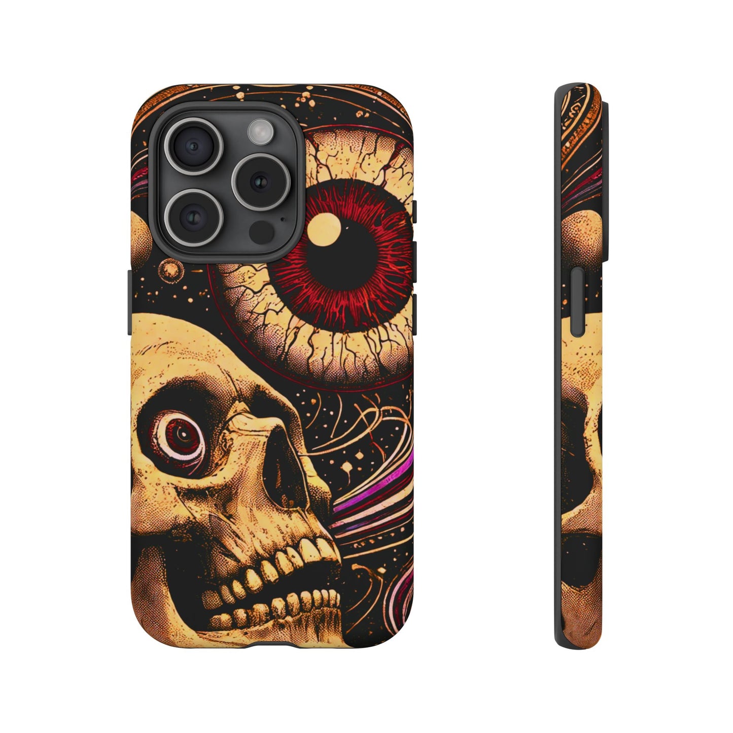 Impact-resistant tough phone case featuring a dark cosmic skull and eye design on a durable dual-layer shell by NecroGrip.
