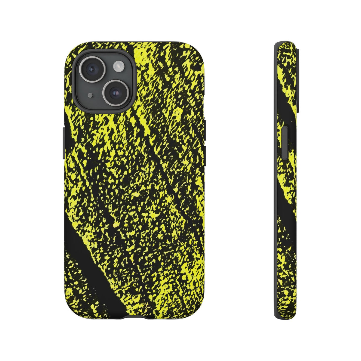 A phone case with a high-contrast black and neon yellow abstract textured pattern, shown from both the back and side profile views on a plain white background.