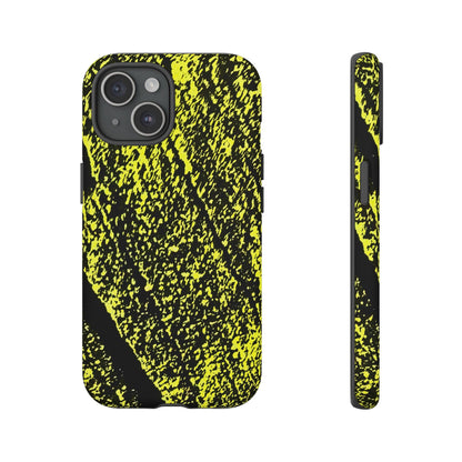 A phone case with a high-contrast black and neon yellow abstract textured pattern, shown from both the back and side profile views on a plain white background.