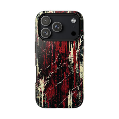 Corrosive impact-resistant phone case with distressed red, black, and bone-white design for iPhone, Samsung, and Google Pixel by NecroGrip.