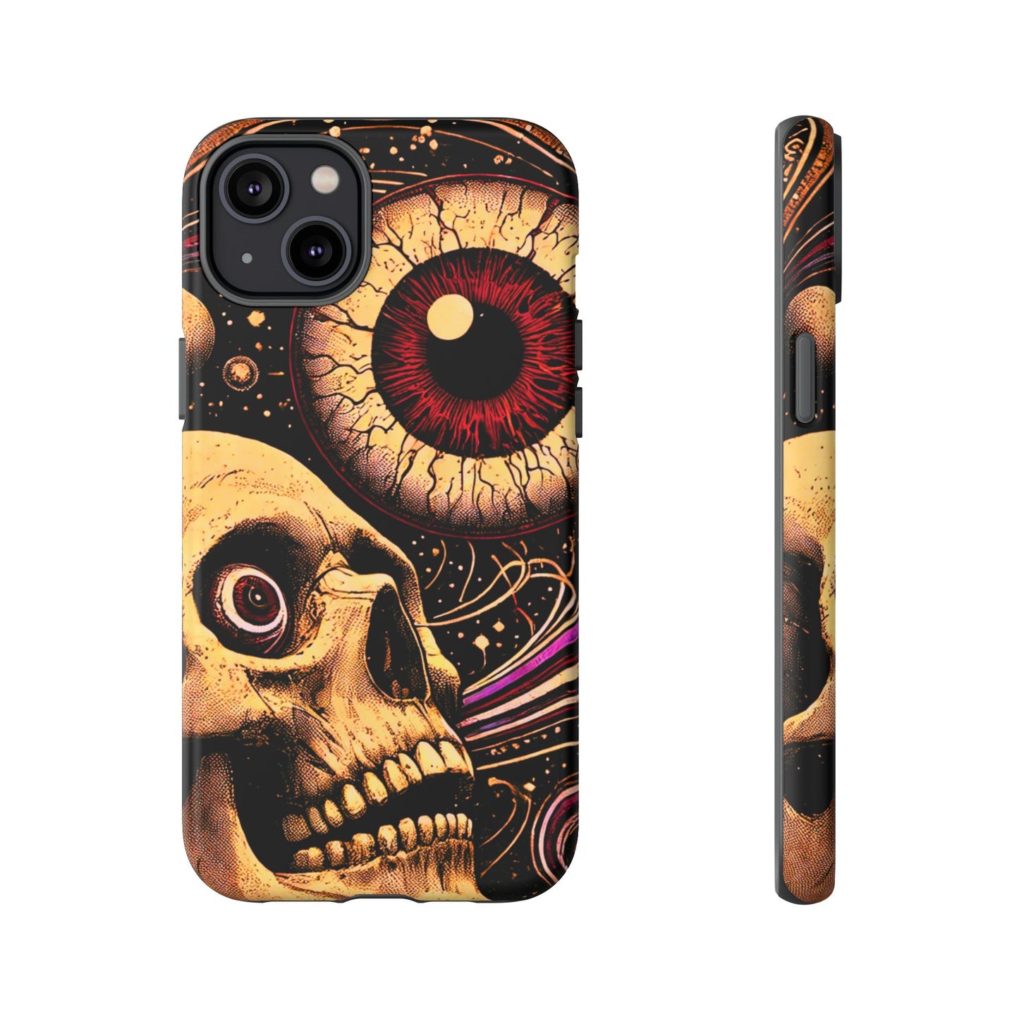 Impact-resistant tough phone case featuring a dark cosmic skull and eye design on a durable dual-layer shell by NecroGrip.