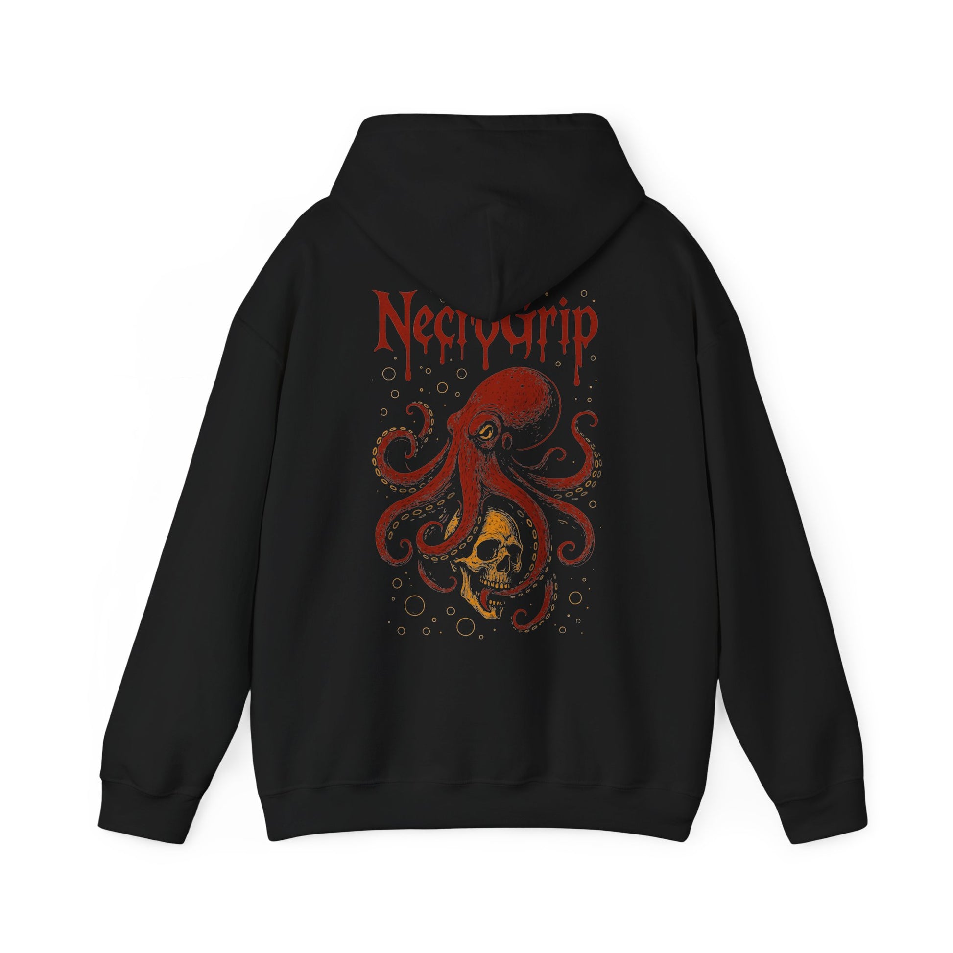 Grave in the Brine back print hoodie with octopus and skull design by NecroGrip.