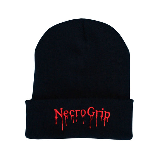 Flat lay of black cuffed beanie embroidered with NecroGrip drip logo in blood-red thread on the cuff.