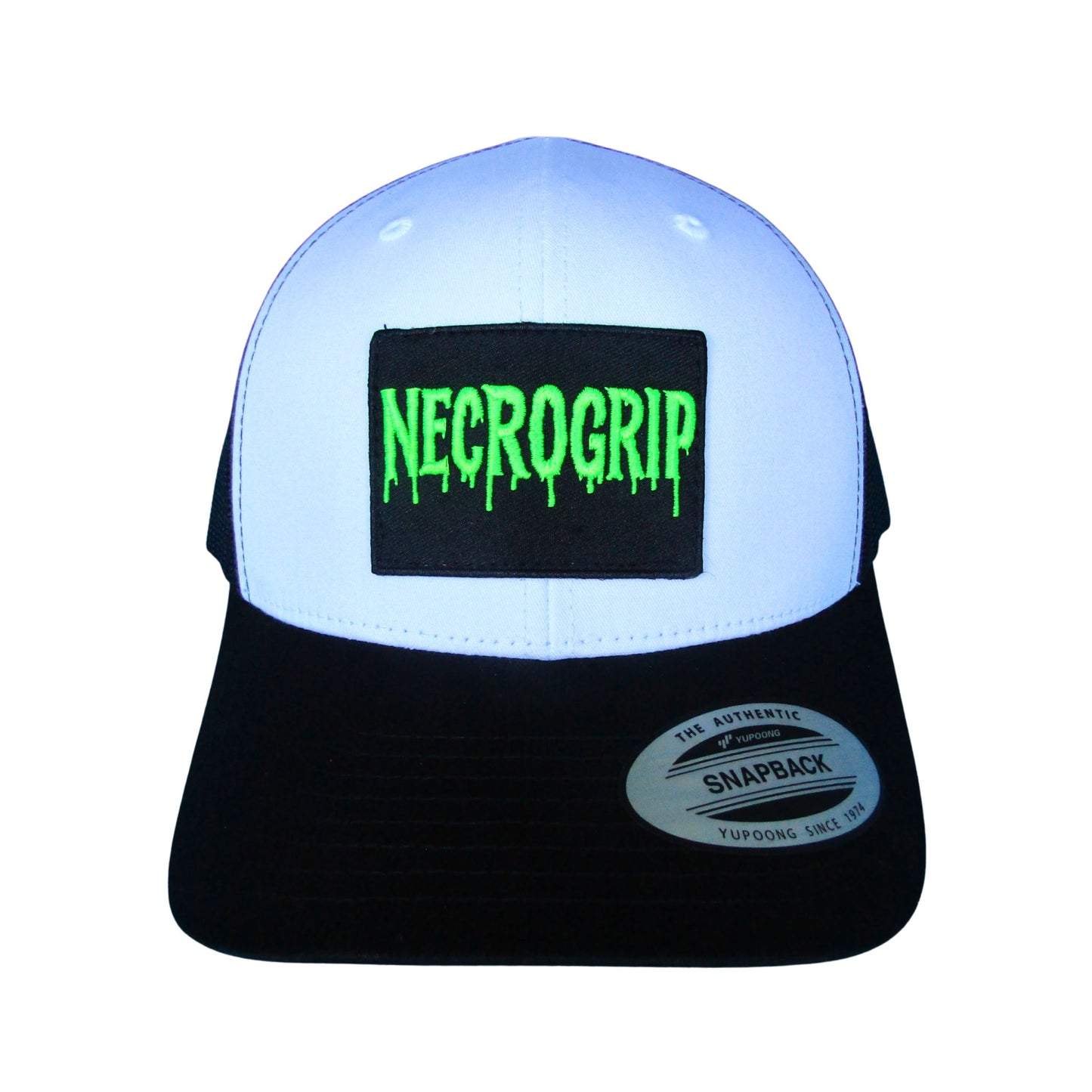 Black snapback cap with sewn NECROGRIP logo patch in neon green lettering, structured crown and mesh back.