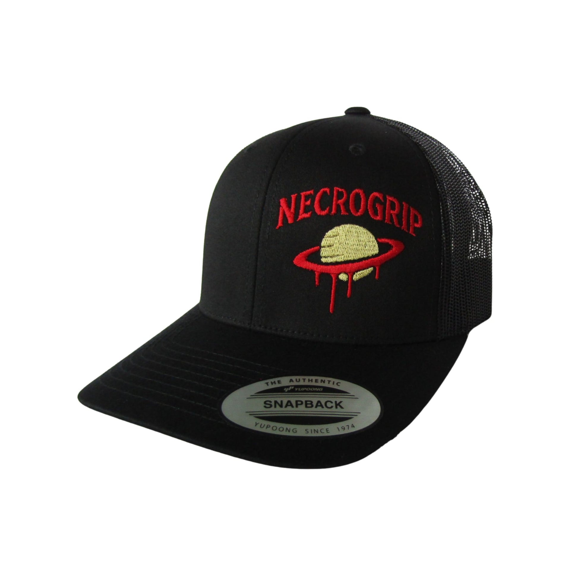 Angled view of NecroGrip snapback hat, black mesh trucker style with bold red Saturn drip embroidery