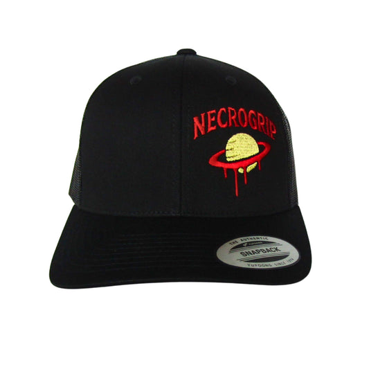 Black NecroGrip snapback hat with red logo text and dripping Saturn embroidery, front view