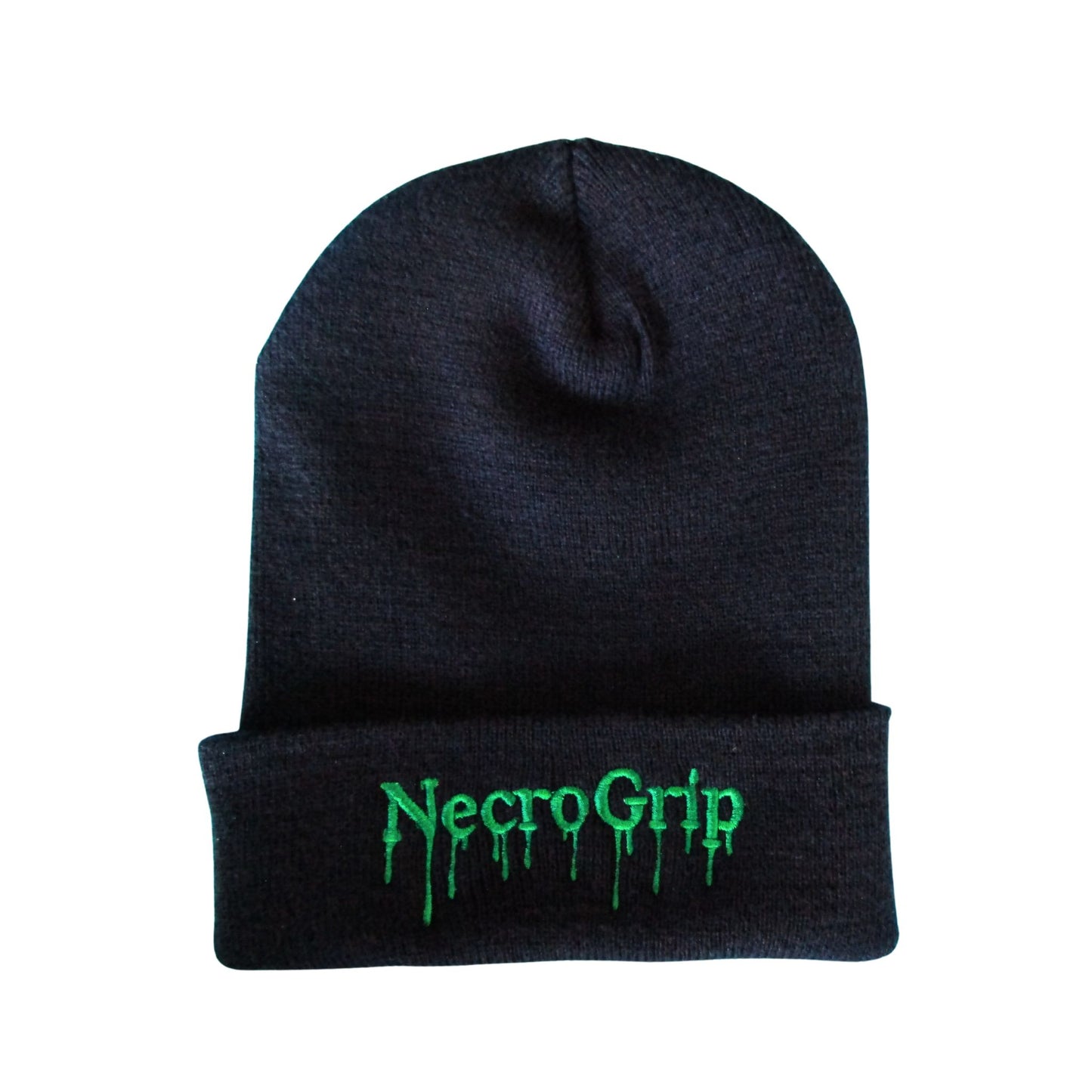 Flat lay of black cuffed beanie embroidered with NecroGrip drip logo in toxic green thread on the cuff.