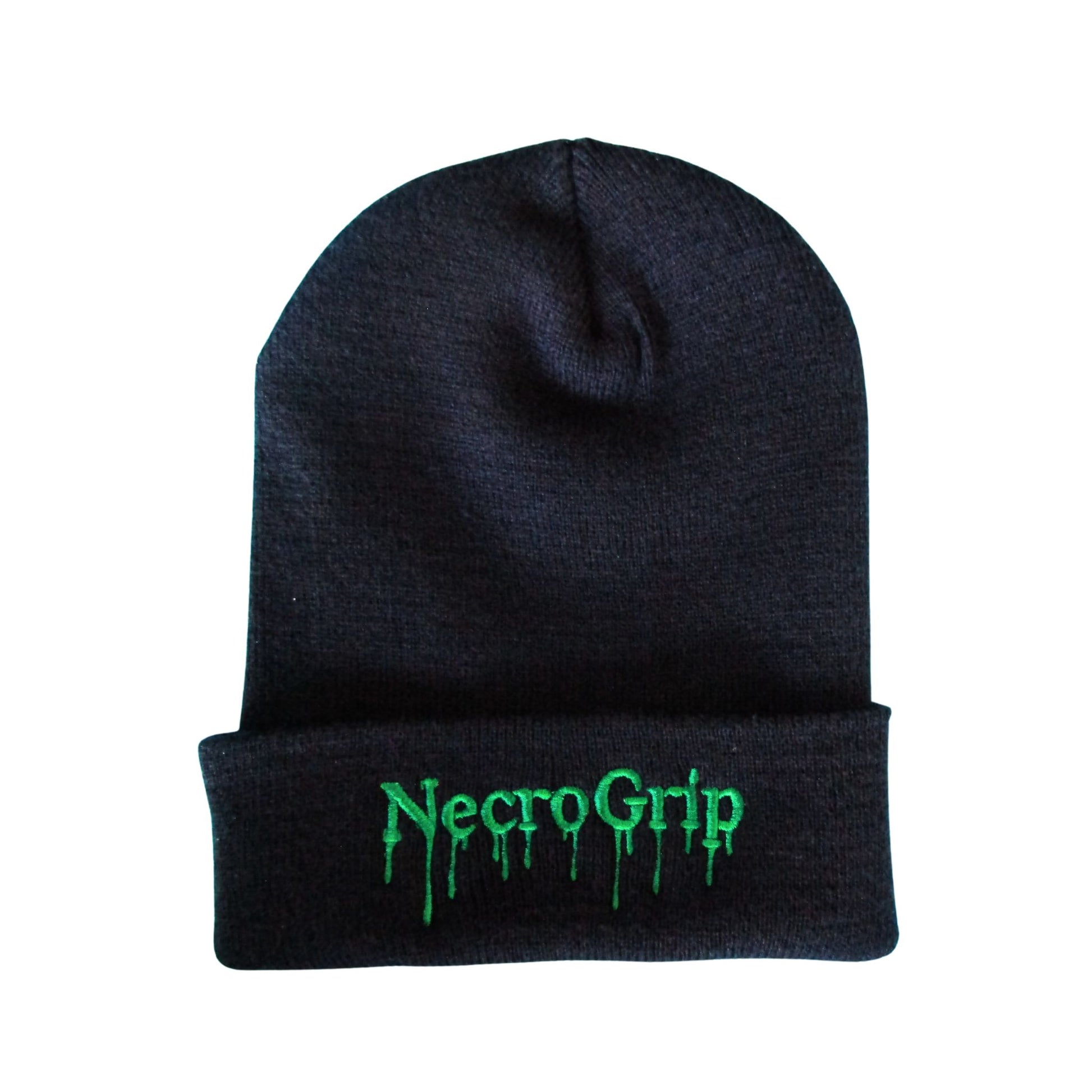 Flat lay of black cuffed beanie embroidered with NecroGrip drip logo in toxic green thread on the cuff.