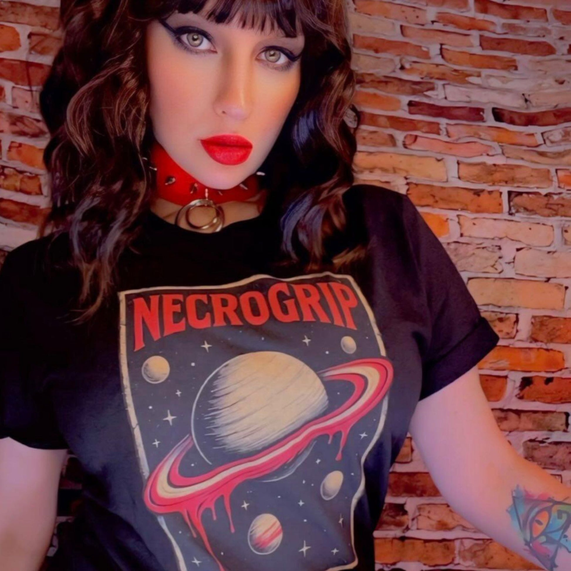 Rock & Roll Queen wearing the Blood Rings NecroGrip t-shirt.