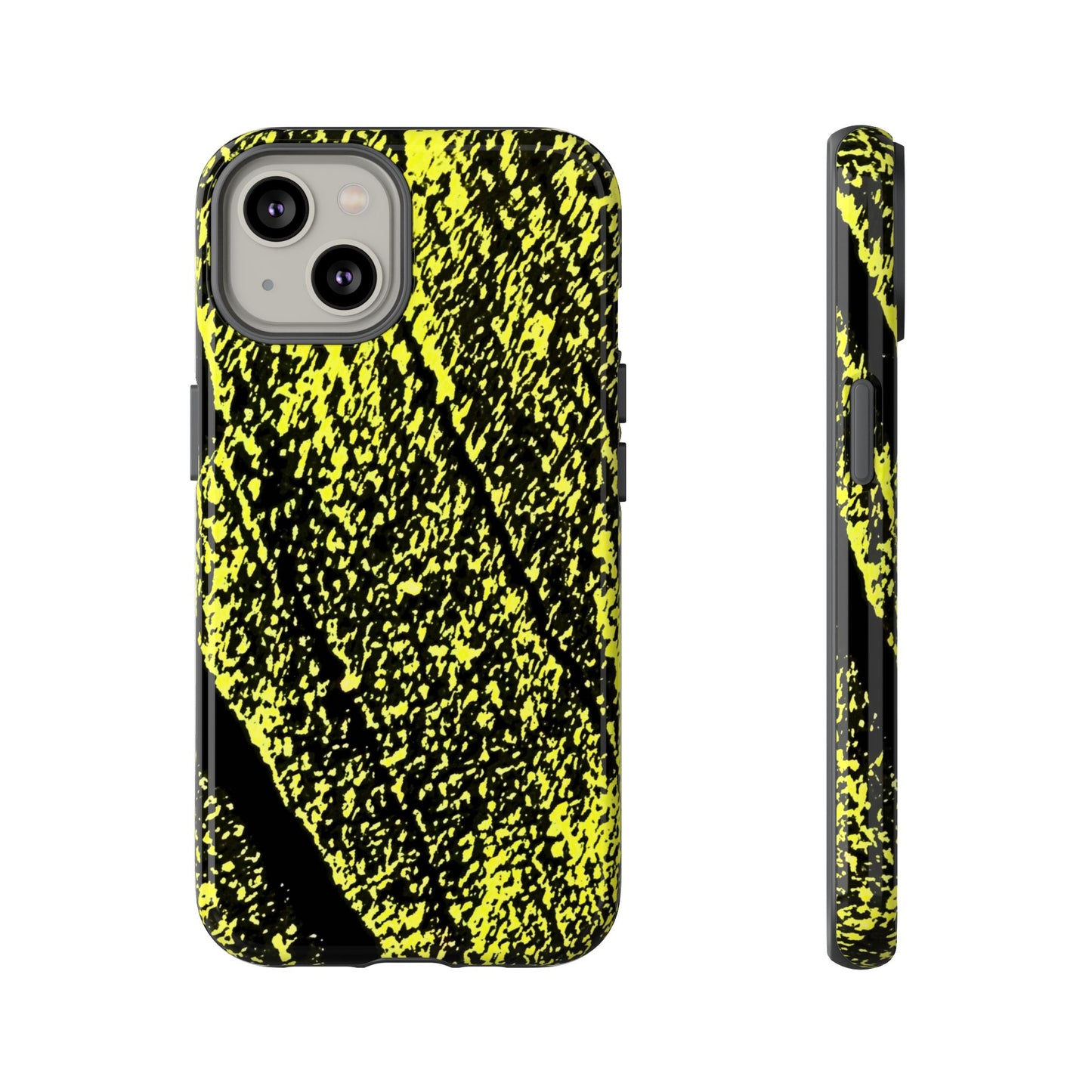 A phone case with a high-contrast black and neon yellow abstract splatter pattern, shown from both the back and side profile views on a plain white background.