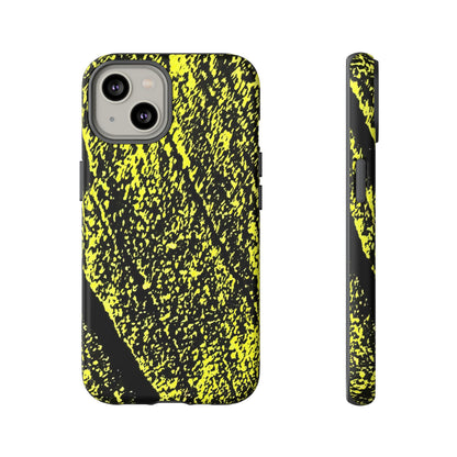 A phone case with a high-contrast black and neon yellow splattered pattern, shown from both the back and side profile views on a plain white background.