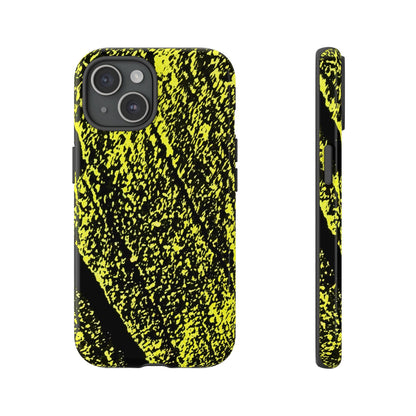 A phone case with a high-contrast black and neon yellow abstract textured pattern, shown from both the back and side profile views on a plain white background.